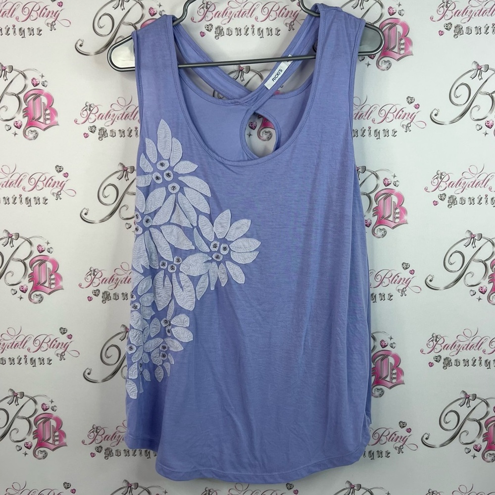 Ricki's tank top flower criss cross top shirt blue Purple Floral Tank Top